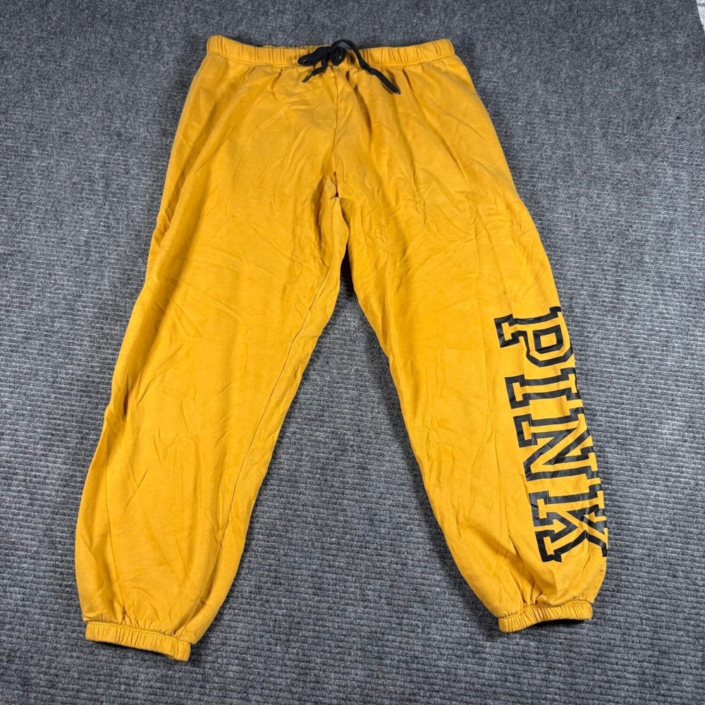 PINK Sweatpants Womens Large Yellow Excellent Graphic Logo Jogger Fleece